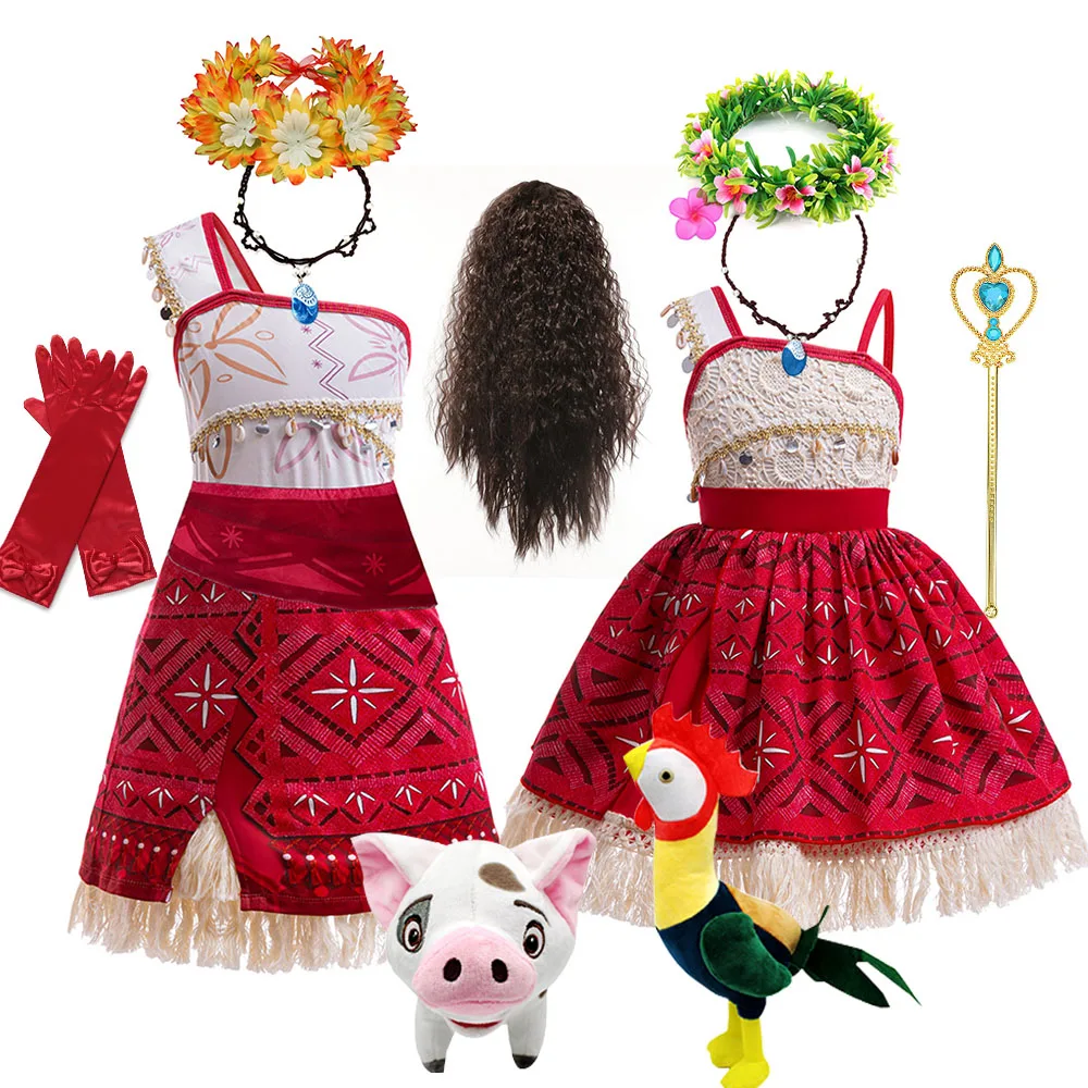 Disney Girl Party Dress Princess Moana Costume One Shoulder New Vaiana Costume Children Carnival Clothing with Pig chicken