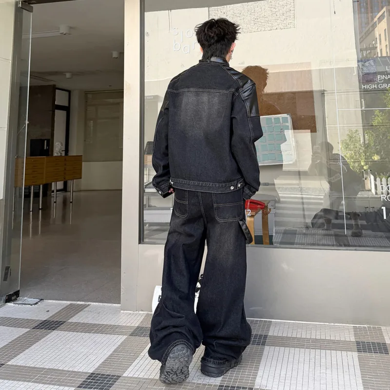 WVGA Spring Autumn New Men American Style Deconstructed Patchwork Leather Stand-collar Short Coats Wide-leg Jeans Set Ins W27332 view 5