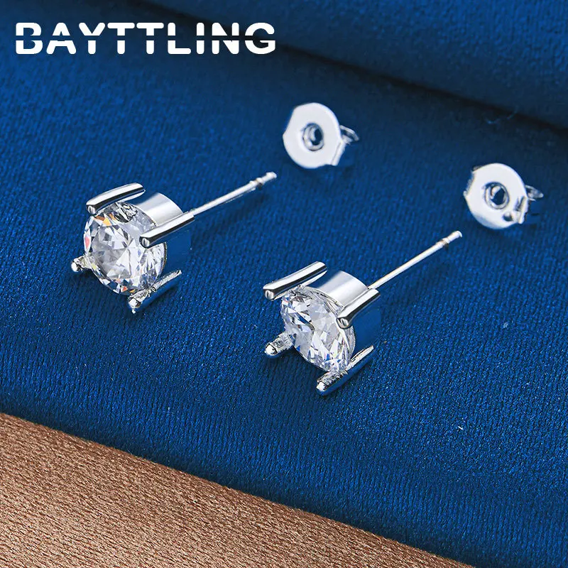 BAYTTLING 925 Sterling Silver Exquisite 5MM Crystal Zircon Stud Earrings For Women Men Fashion Hip Hop Earrings Accessories