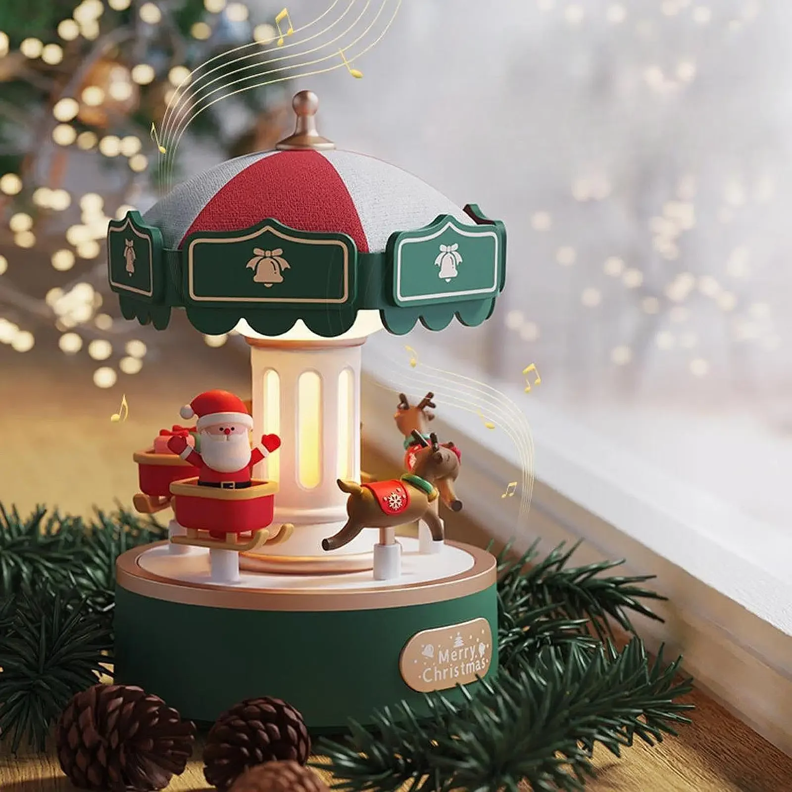 Christmas Carousel Music Box Dimmable Night Light for Holiday Bedroom Indoor