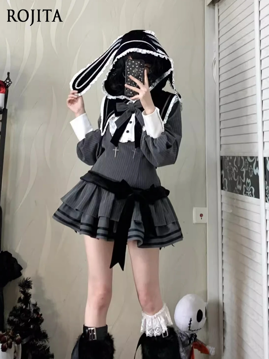 

Op Big Bunny Ears Striped Low Waist Waist-Cinching Subculture Cute Lolita Dress Long Sleeve Gray Lolita Dress Kawaii Dress