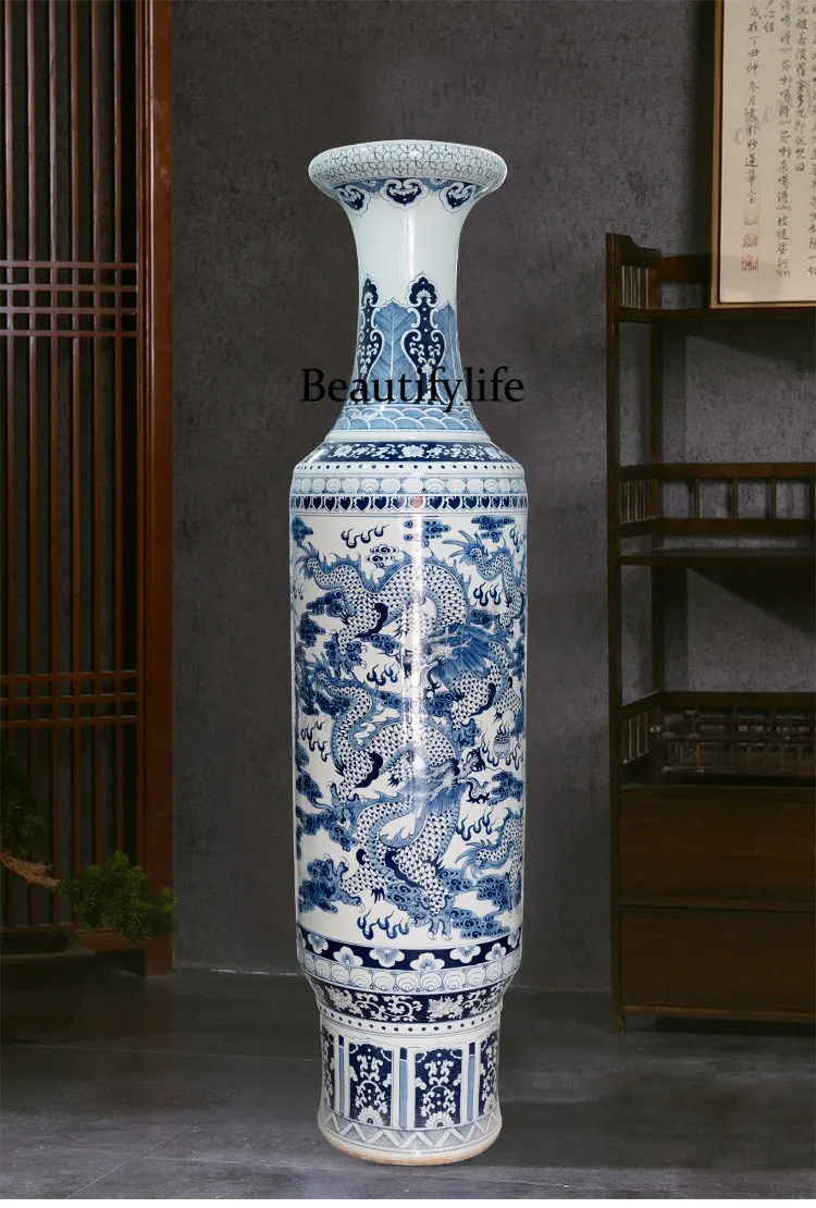 Jingdezhen ceramic hand-painted dragon pattern blue and white porcelain floor-to-ceiling large vase living room hotel