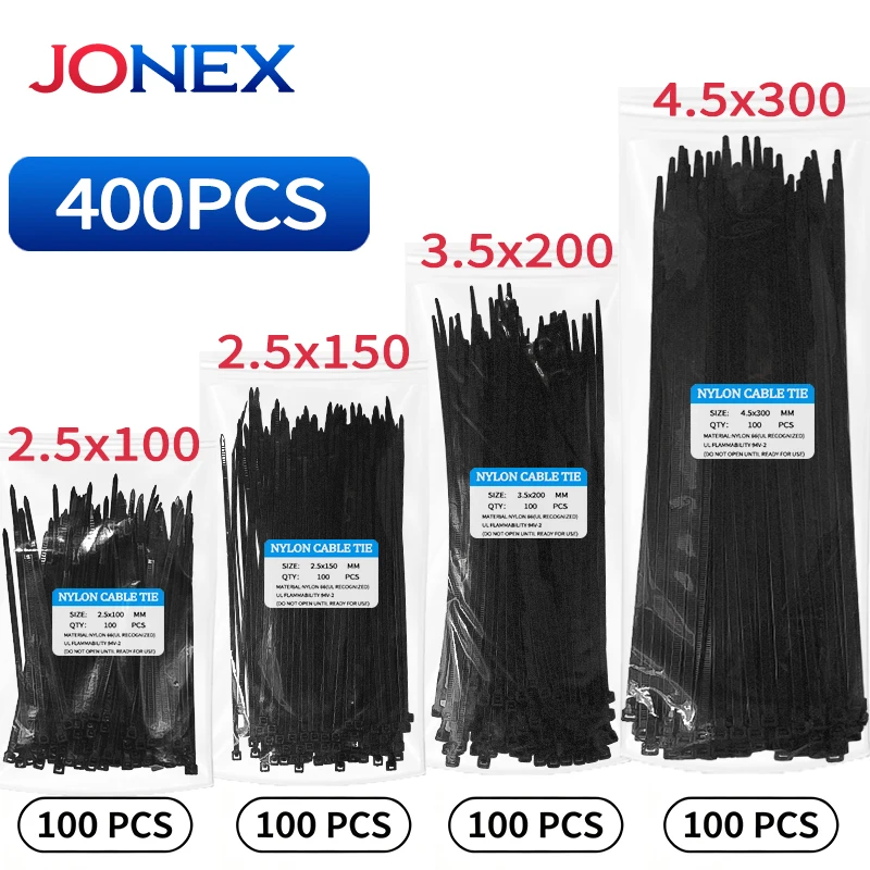 400PCS Plastic Ties Nylon Cable Zip Tie Sets Black and White Strong Self-locking For Electrician Wire Management Garden Bundles