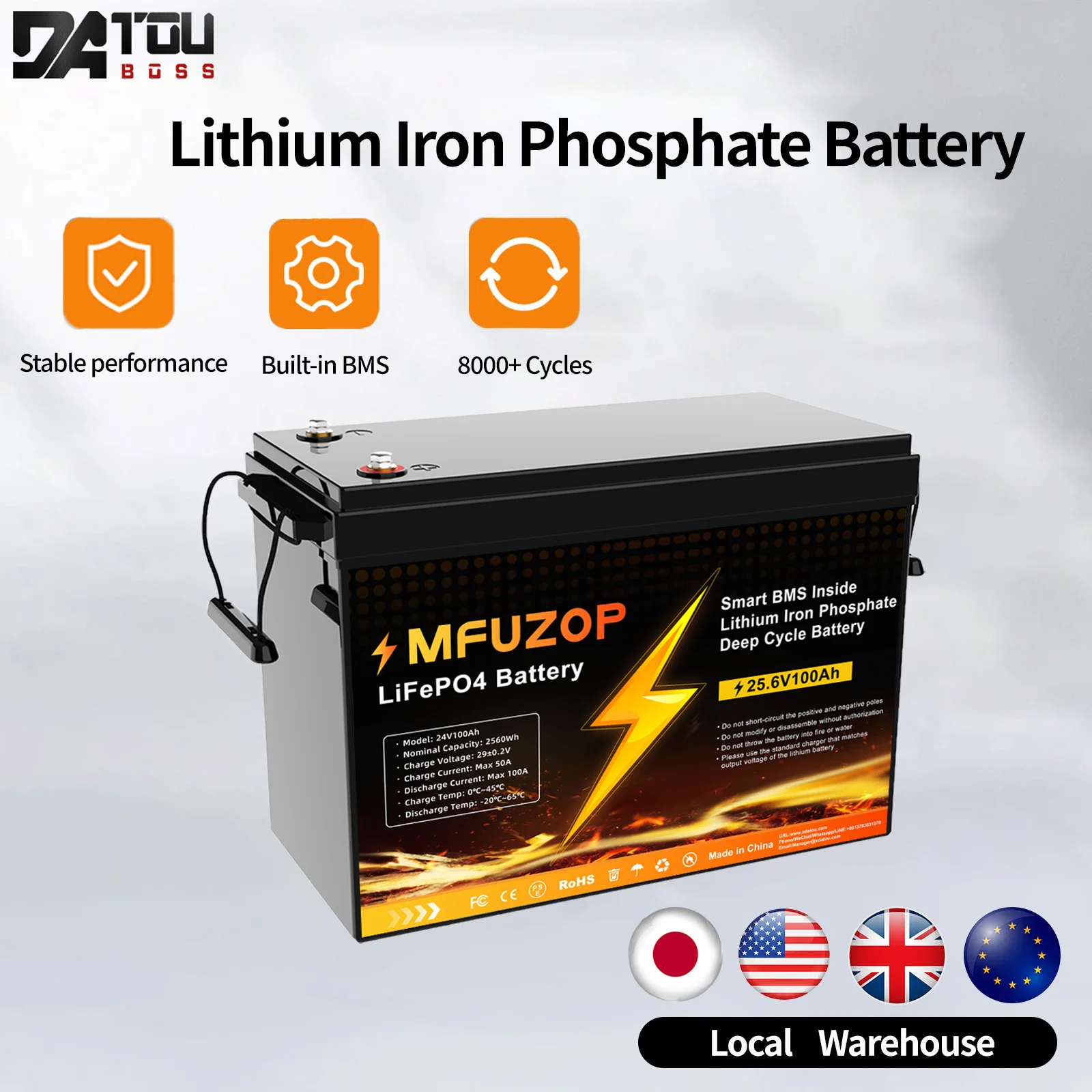 

DATOUBOSS 24 В 100 Ач LiFePO4 Батарея ≥8000 циклов Встроенная солнечная батарея BMS 2560 Втч для солнечной системы RV Off-Grid
