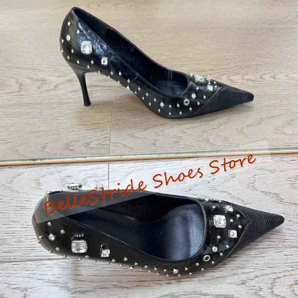 

Black Pointed Toe Crystal Pumps Matte Leather Women Shoes Stilettos High Heels Party Banquet Dating 2025 Zapatos Para Mujere