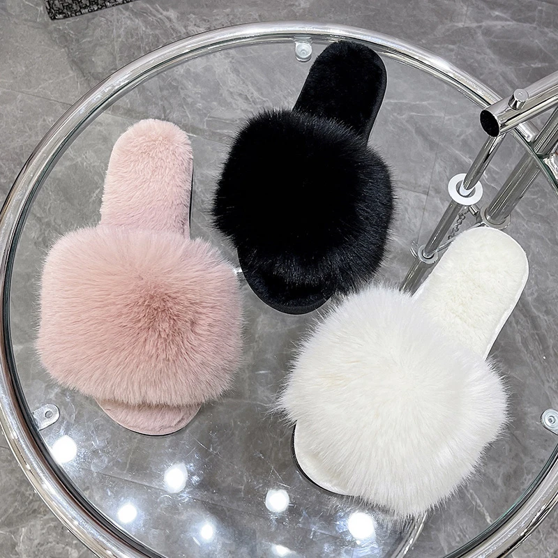 

Winter Fur Slippers Home Women Indoor Furry Soft Fluffy Plush Platform Flat Cotton Slippers Plus Size 43 House Shoes