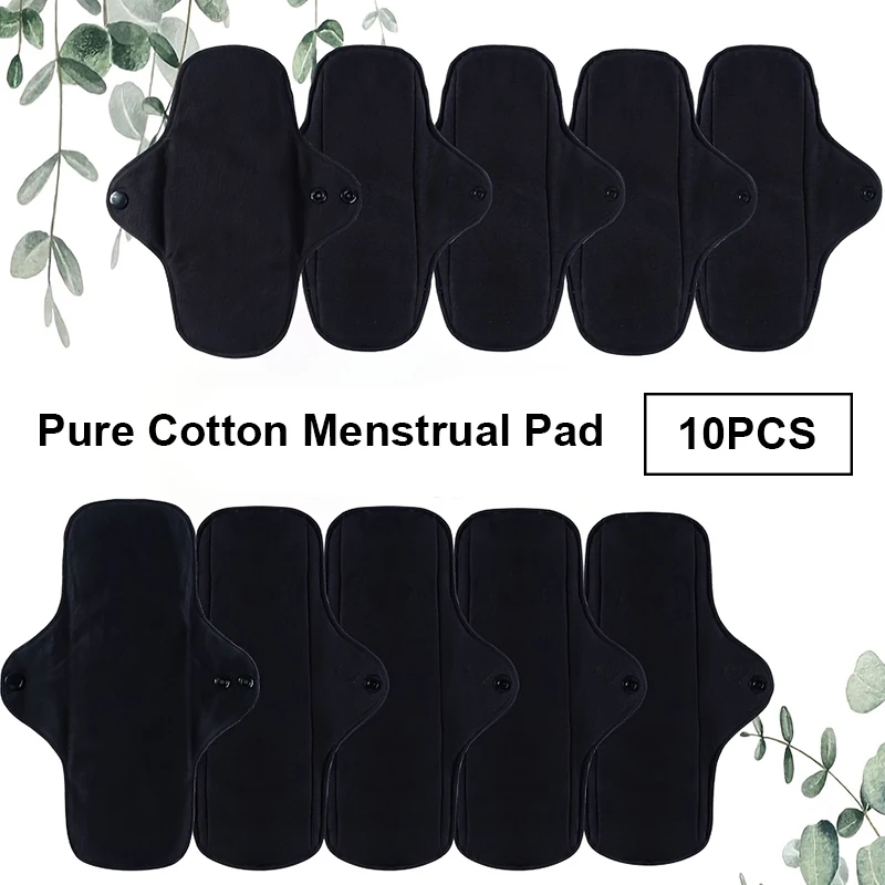 

10Pcs Skin-Friendly Black Washable Menstrual Pads - Snap Design, Breathable Foldable, Easy to Clean Reusable, for Home/Outing