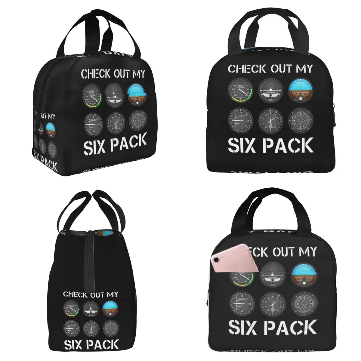 Funny Pilot Top Airplane Six Pack Flight Instruments Insulated Lunch Bag for Kids School Cooler Thermal Food Box Tote Leakproof