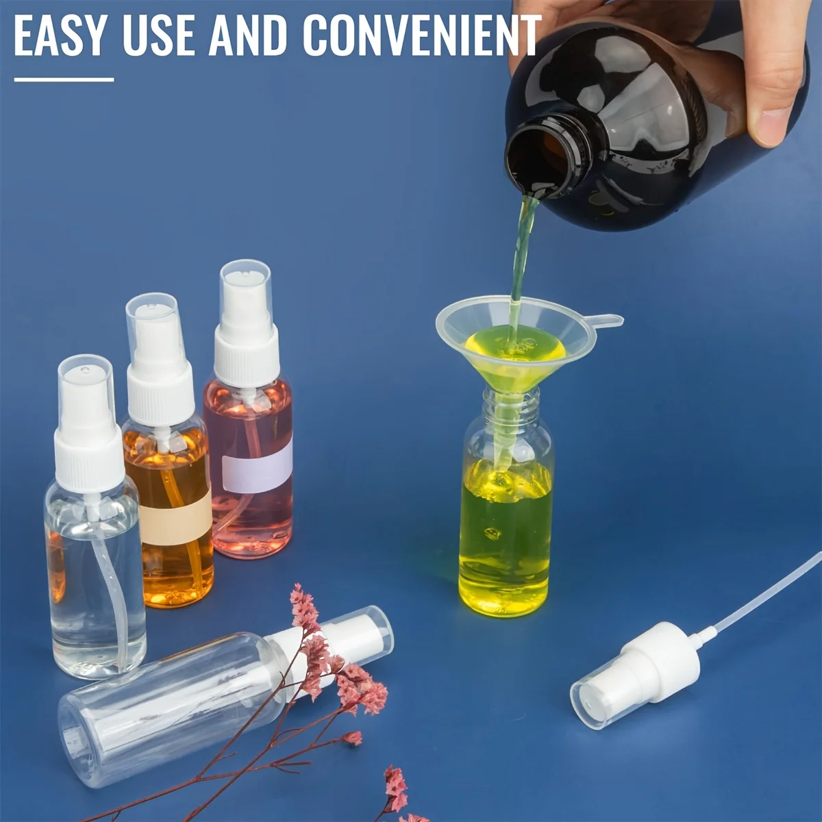 50ml Mini Spray Bottles Plastic, Paired with funnel stickers，Pump Spray Cap Refillable Reusable Empty Atomizer Spray Bottles Tra