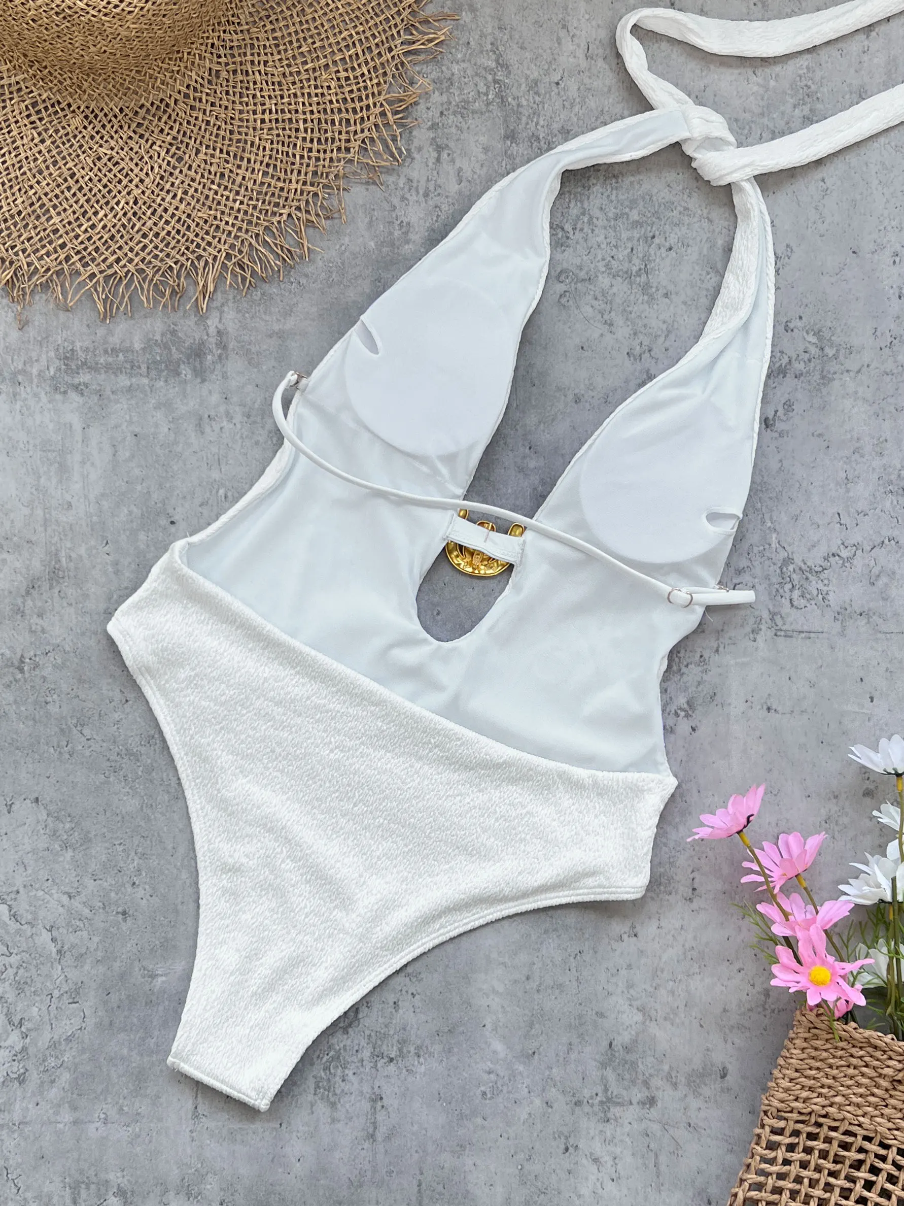 Sexy White One-Piece Swimsuit with Gold Accent Perfect for Summer Beachwear Pool Parties Special Occasions Stand Out This Summer