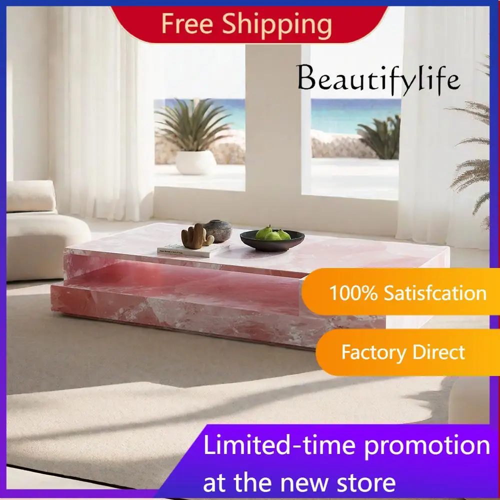 

"Pink Jade Marble Coffee Table - Luxury Slate Stone Rectangular Designer Tea Table Custom Living Room Centerpiece"