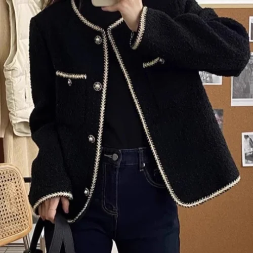 샤넬 스타일 재킷 여성용 라운드 넥 단추 긴 소매 샤넬 스타일 정어깨 여성용 검정색 우아한 재킷 코트 외투 재킷