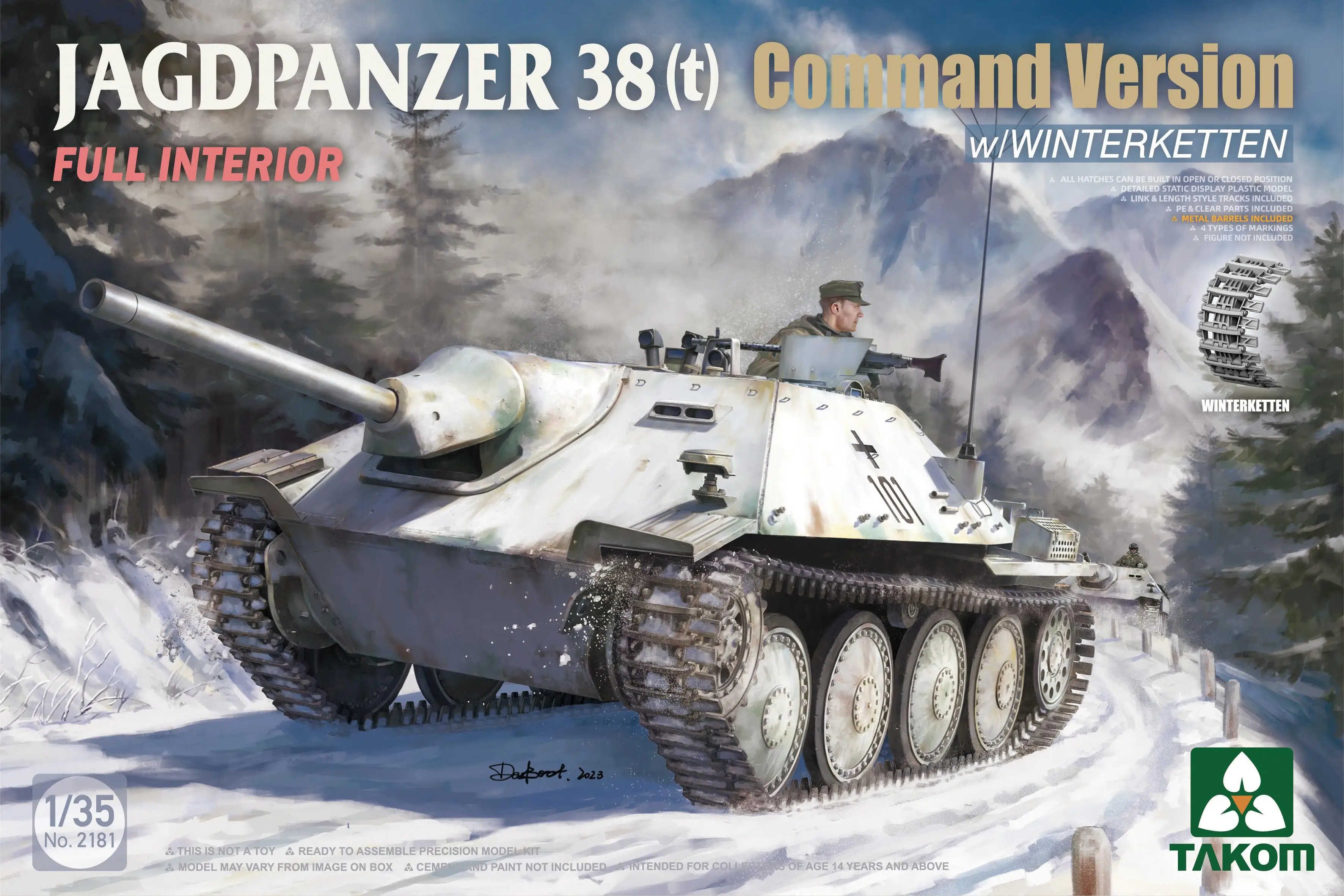 TAKOM 2181 1/35 Scale Jagdpanzer 38(t) Hetzer Command Version w/Full Interior & Winterketten Model Kit