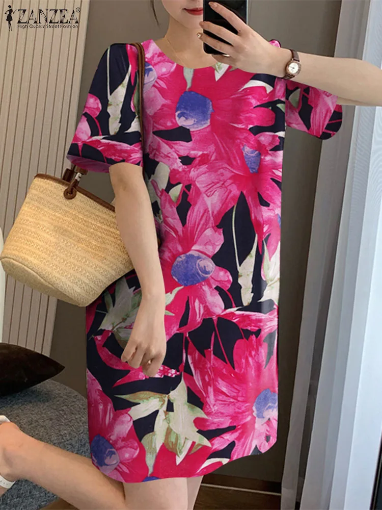 ZANZEA Damska bawełniana sukienka imprezowa Vintage Floral Printing Sundress 2024 Summer Holiday Krótki rękaw Krótki szlafrok Okrągły dekolt Vestidos