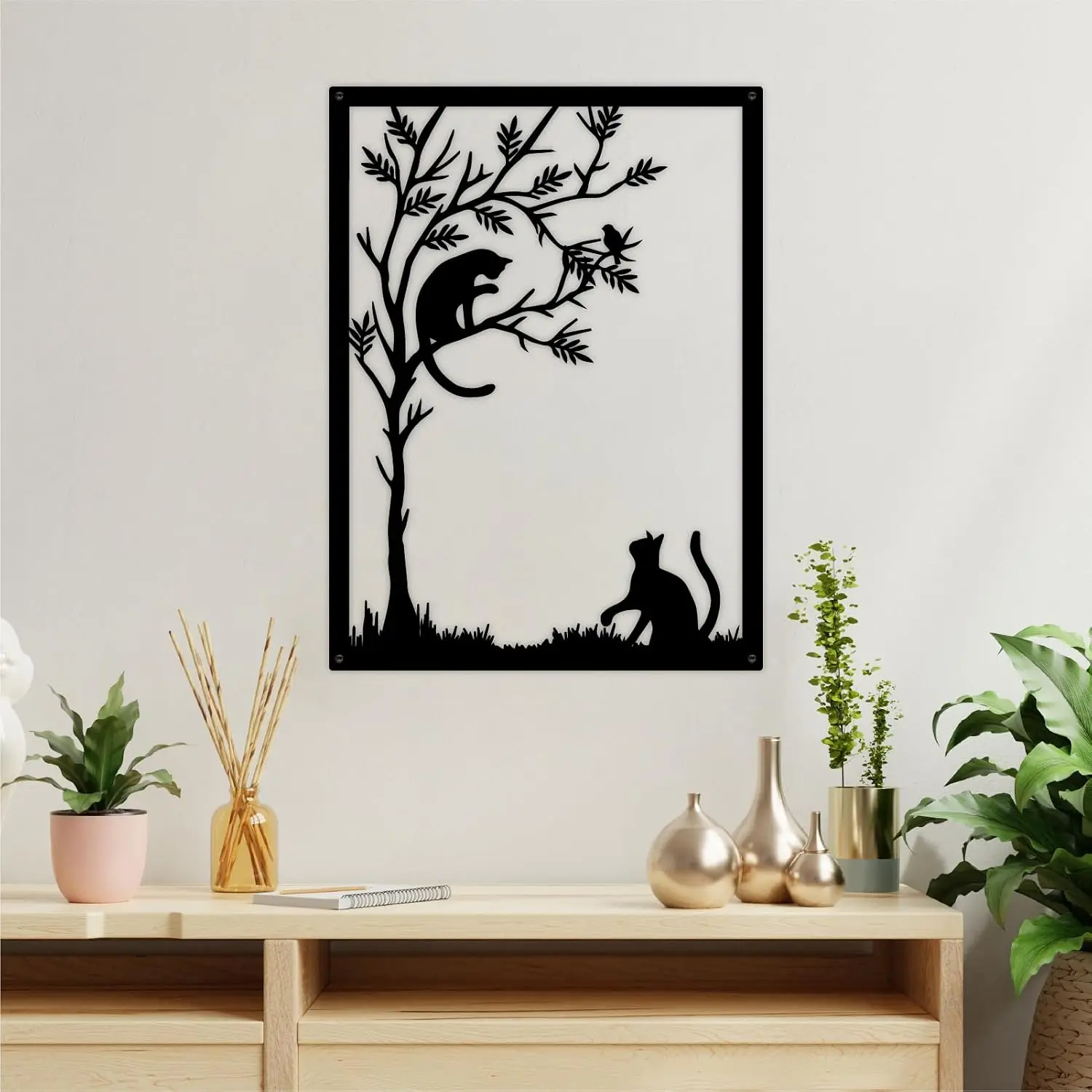 Black Metal Cat Wall Art Animal Leaf Tree Aluminum Sign Hanging Decor Outdoor Garden Gift for Housewarming Cat Lover Plaque