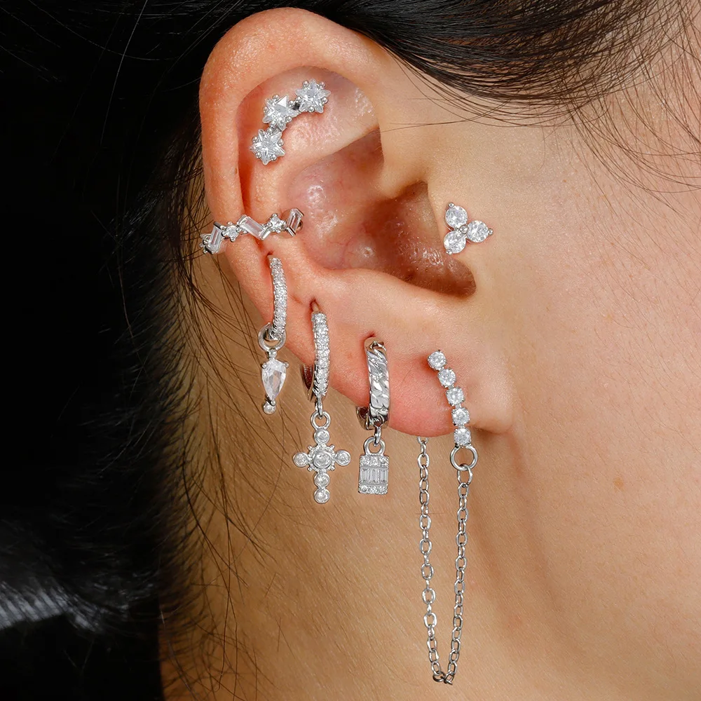 7PCS Stainless Steel Star Cross Chain Hoop Earrings Set For Women Cubic Zirconia Punk Pendant Cartilage Earring Piercing Jewelry