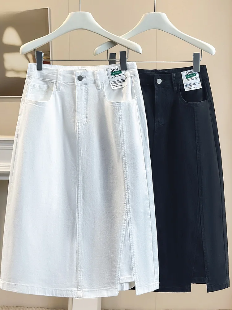 Authentic Early Autumn Loose Denim A-Line  Skirt for plus Size Women mid Waist Design Casual Cotton Leather Skirt