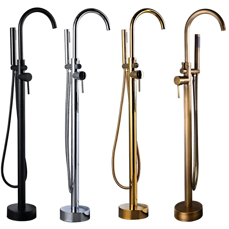 Gold Bathroom Bathtub Faucet + Handheld Shower Free Standing Brushed Gold BathTub Mixer Taps Floor Mounted 5 colors for choice