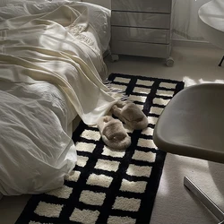 Tufting Black White Grids Bedside Rug Soft Geometric Carpet Bathroom Floor Pad Kids Room Bedroom Doormat Aesthetic Home Decor