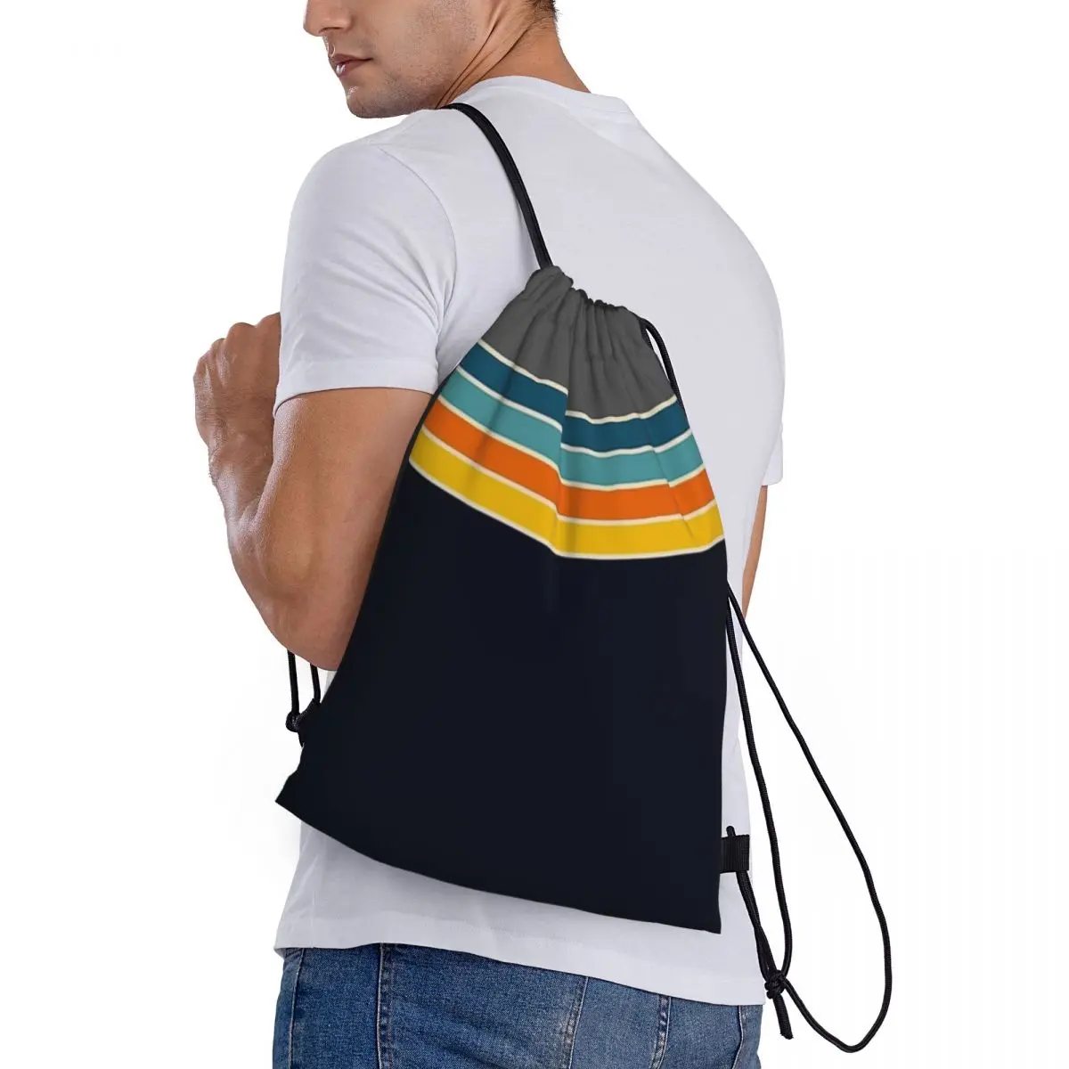 70s Retro Stripes Drawstring Back Pack Bag Travel Storage Package Teenagers Beach Tote Bag School Sport Shoe Bag Portable