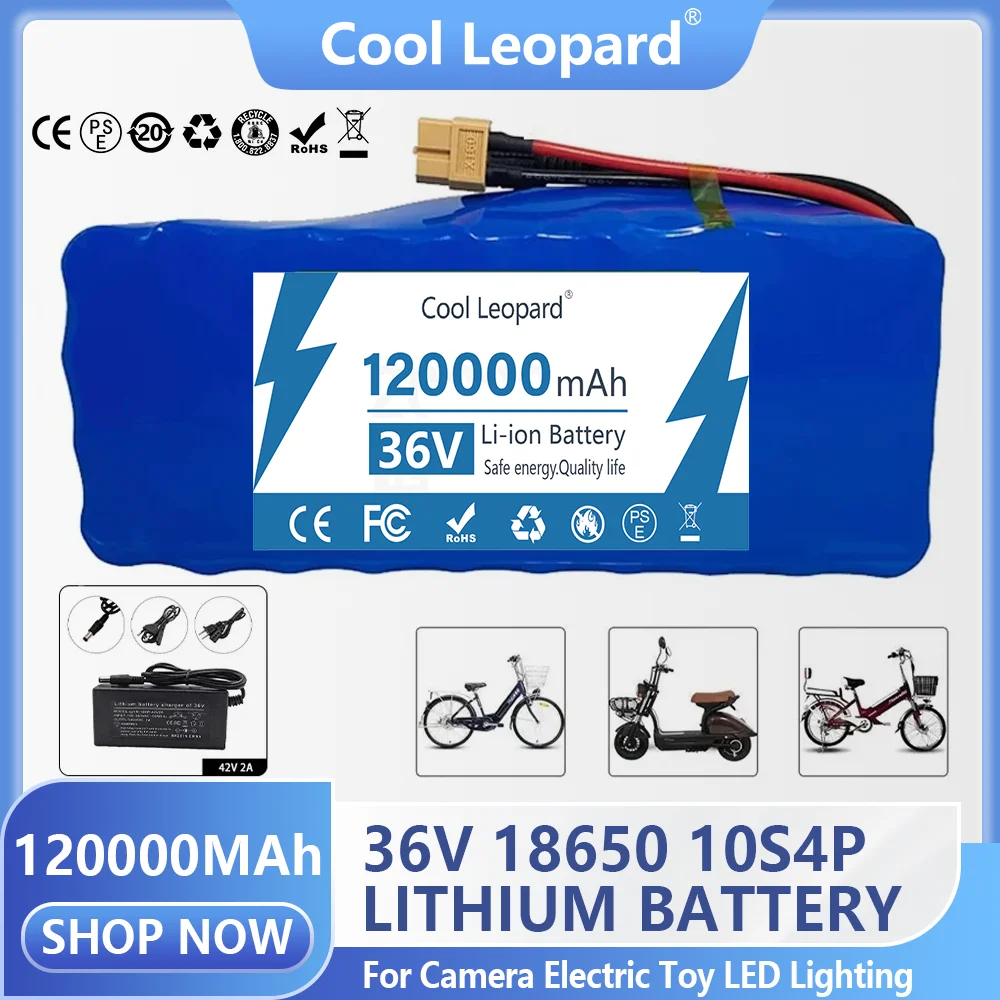 

36V 120000mAh Battery 10S4P Rechargeable High Power Capacity Lithium Battery Pack with BMS Electric Bicycle Motorcycle Batteries