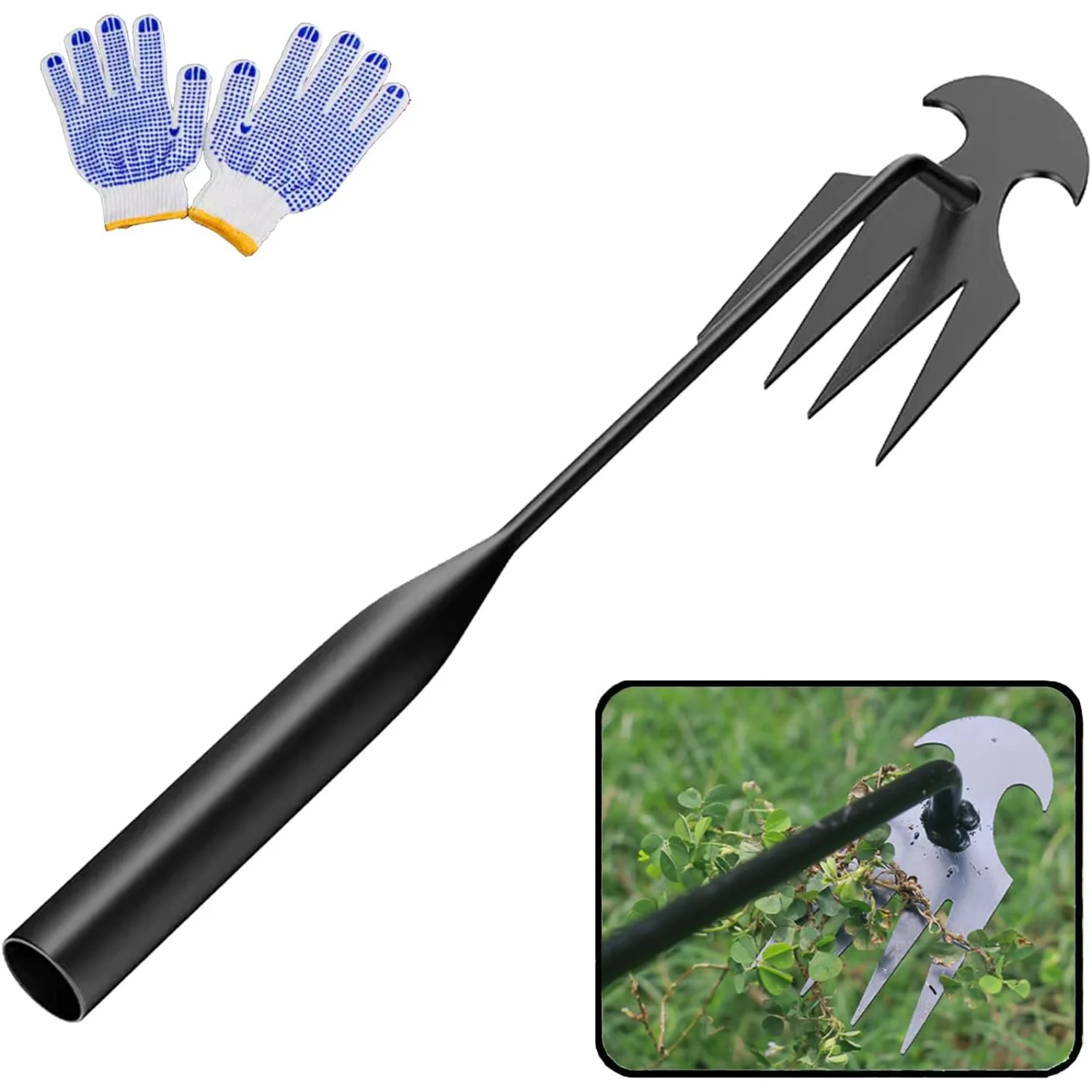 Weed Removal Tool Garden Weeding Tools Manganese Steel Hand Weeder Tool with Handle, 4 Teethes Dual Purpose Manual Weeders Tool 