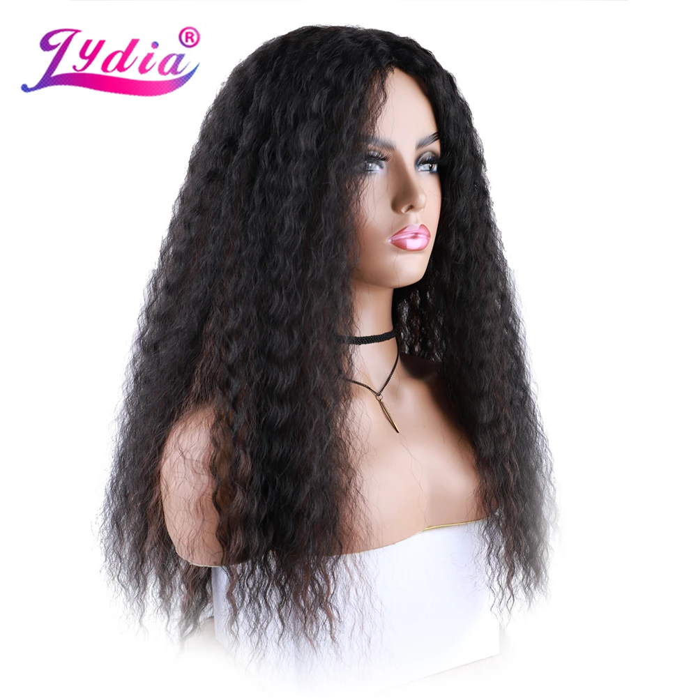 Lydia Long Afro Kinky Curly Synthetic Hair Skin Topper Wig  American Women Head Line Kinky Straight Black 22Inch Mixed Color