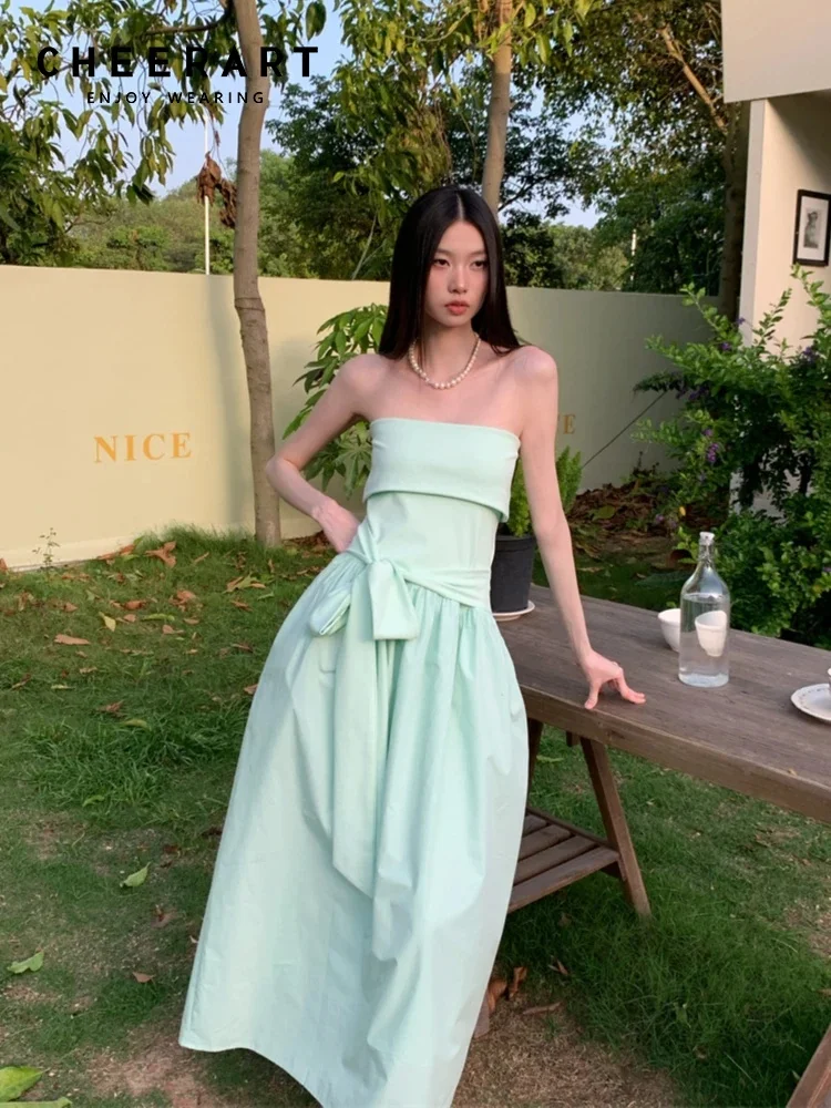 Mint Green Strapless Backless Bow Maxi Dress