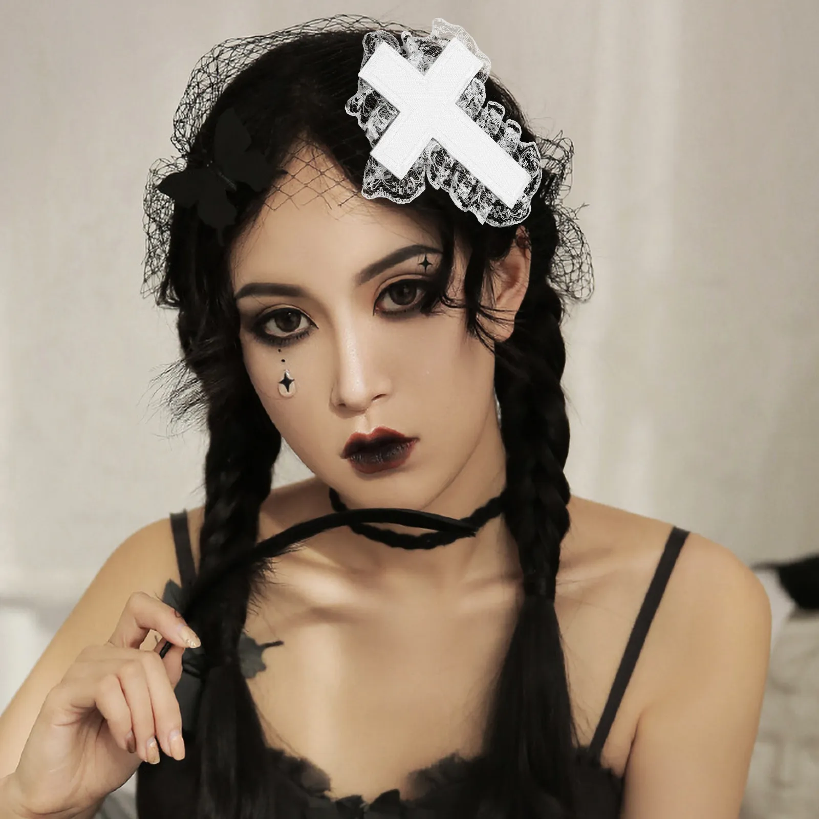 

Gothic Lace Cross Hair Clip for Women Lightweight Metal Barrette with Delicate Lace Edge Religious Style Halloween