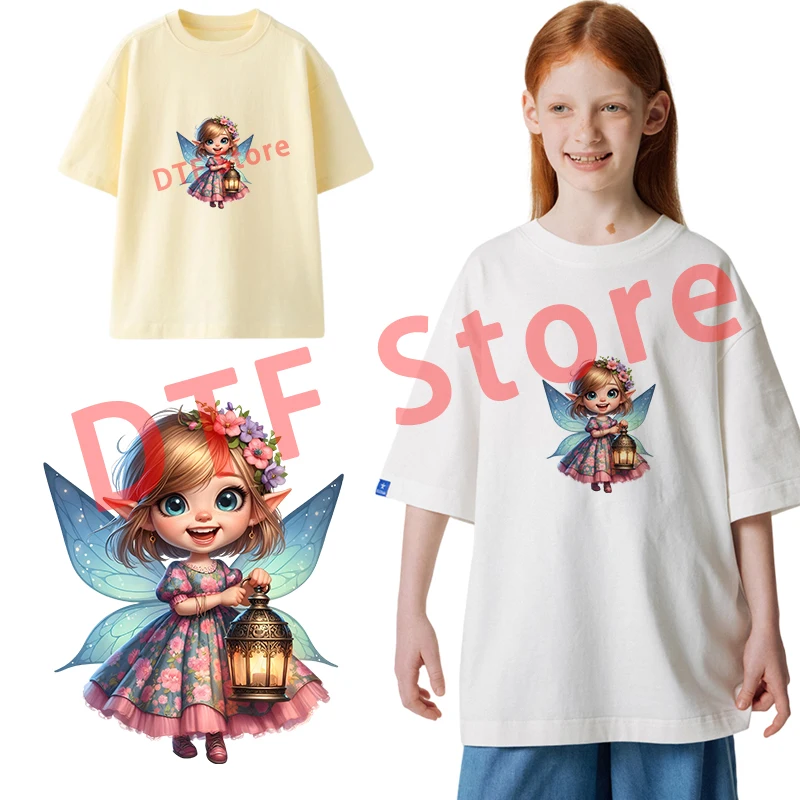 The elf girl holding a lantern in her hand DTF Heat Transfer On Clothes Patches Stripes on Kids Clothes Iron On Patch