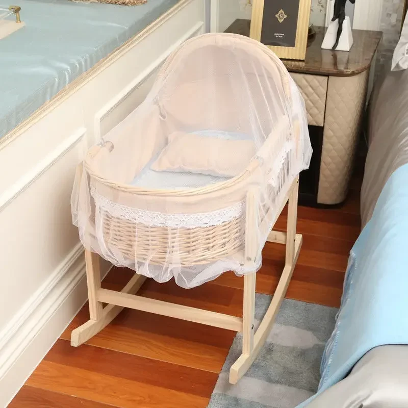 New Upgrade Wooden Portable Baby Cradle Bed with Roller Baby Rocker 360 Degree Rotating Wheel Newborn Baby Crib 0-24M