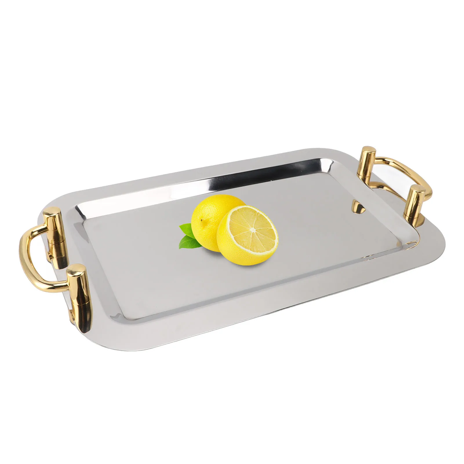 Stainless Steel Serving Tray Exquisite Elegant Mirror Surface Golden Carrying Handle 304 Stainless Steel Dinner Plates For Hotel