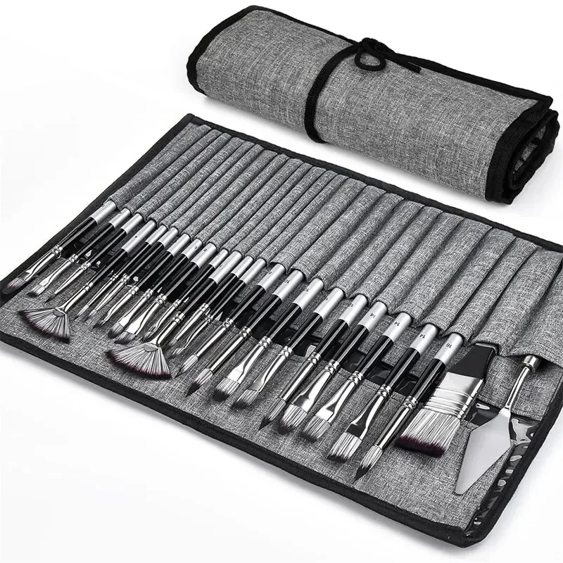 24pcs Premium Paint Brush Set with Canvas Bag - Washable, Broad Tips for Watercolor & Oil Painting - Durable Wooden Handles