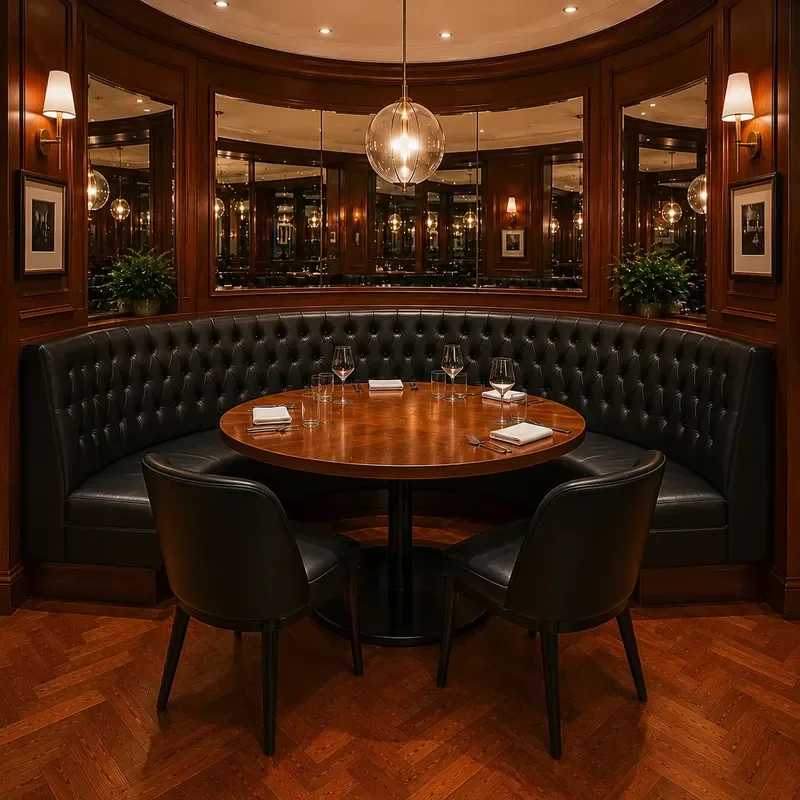 Commercial Vintage Retro Bistro Restaurant Banquette Booth Seating Wood Dining Table and Chair Hospitality Coffee Shop