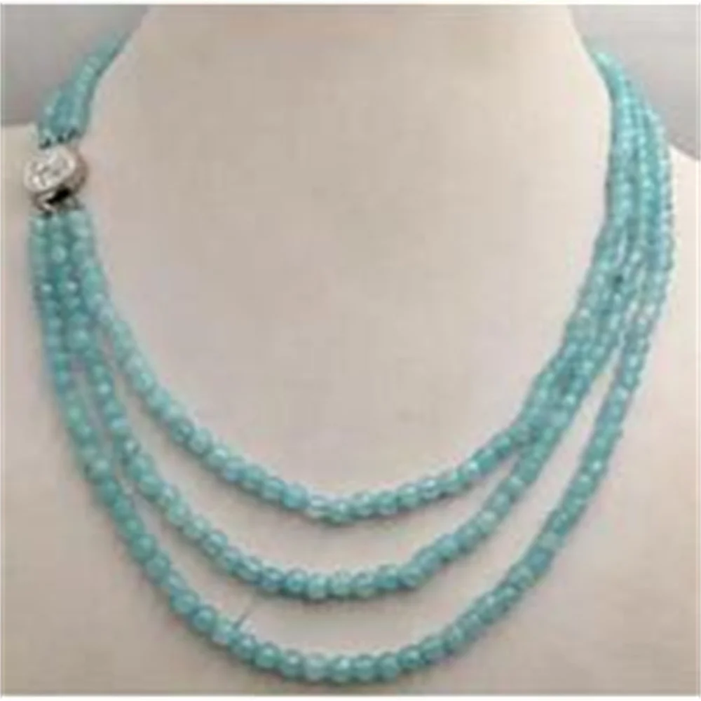 

New 4mm FACETED Aquamarine Roundel Gems Beads Necklace 3 rows