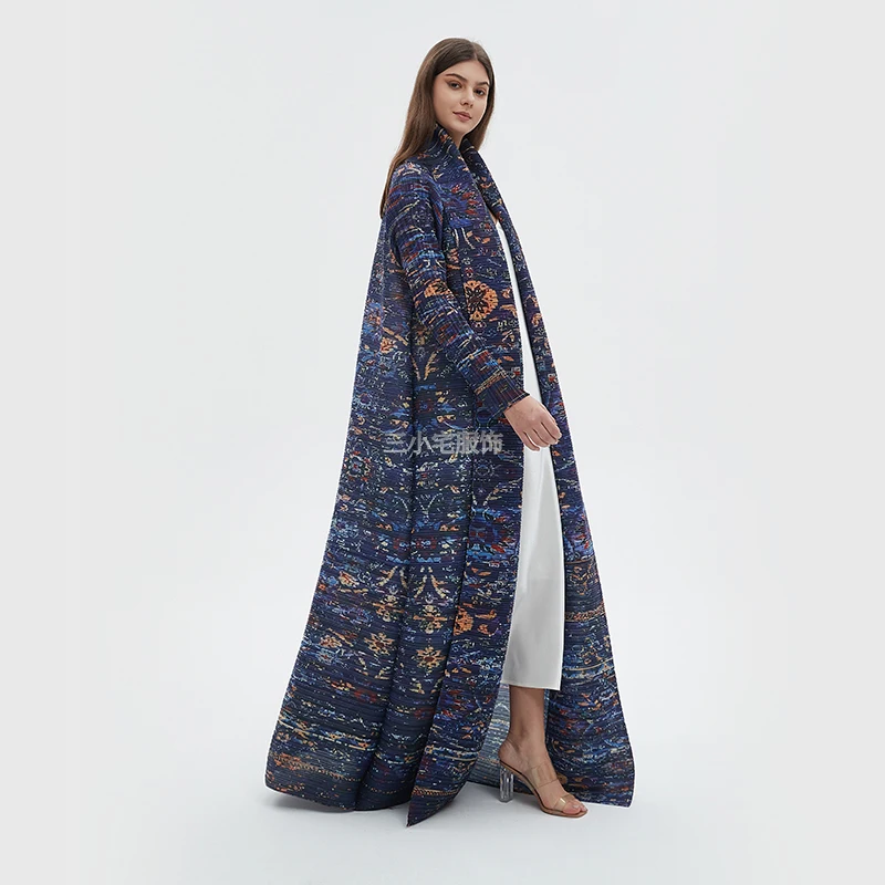 Pleated Loose Plus Size Abayas Classic Retro Printed Cardigan Women's Trench Coat Middle East Nine Sleeve Tie Robe 2024 Summer