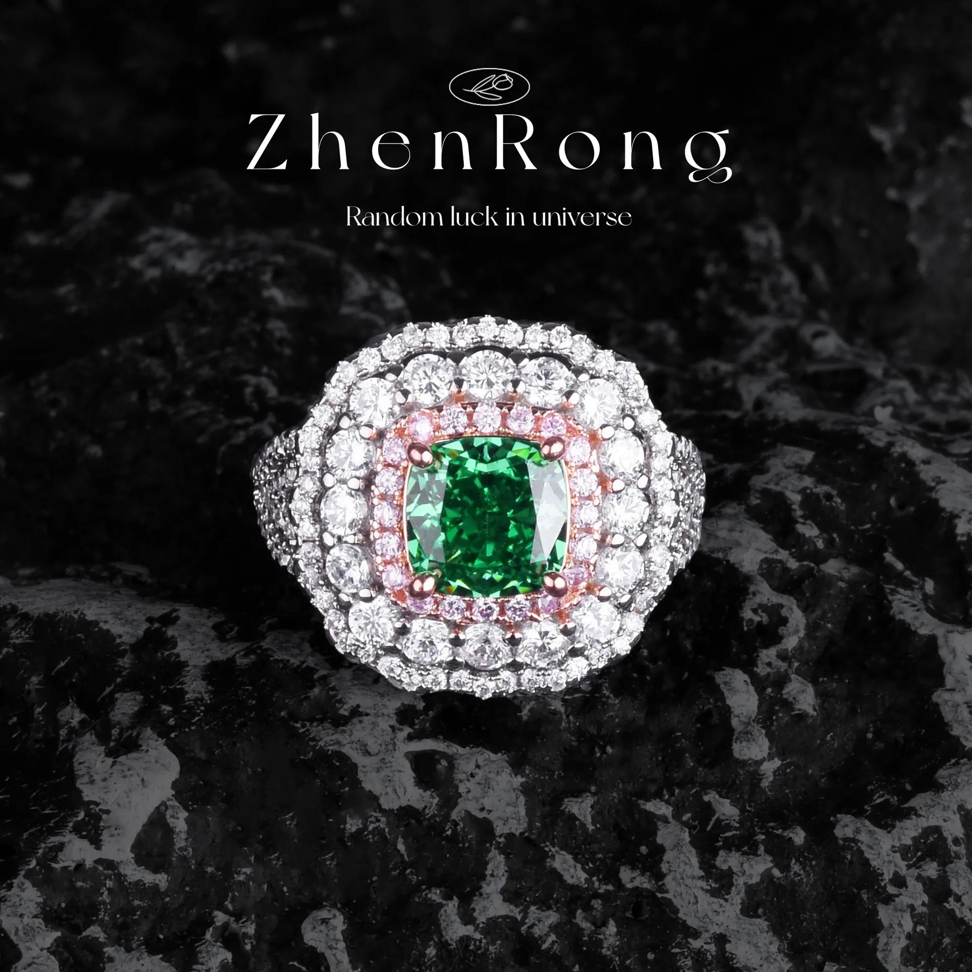 

Fashion Entry Luxury Colored Diamond Ice Flower Cut Ring Inlaid with High Carbon Diamond Emerald Zircon Elegant Simple Women