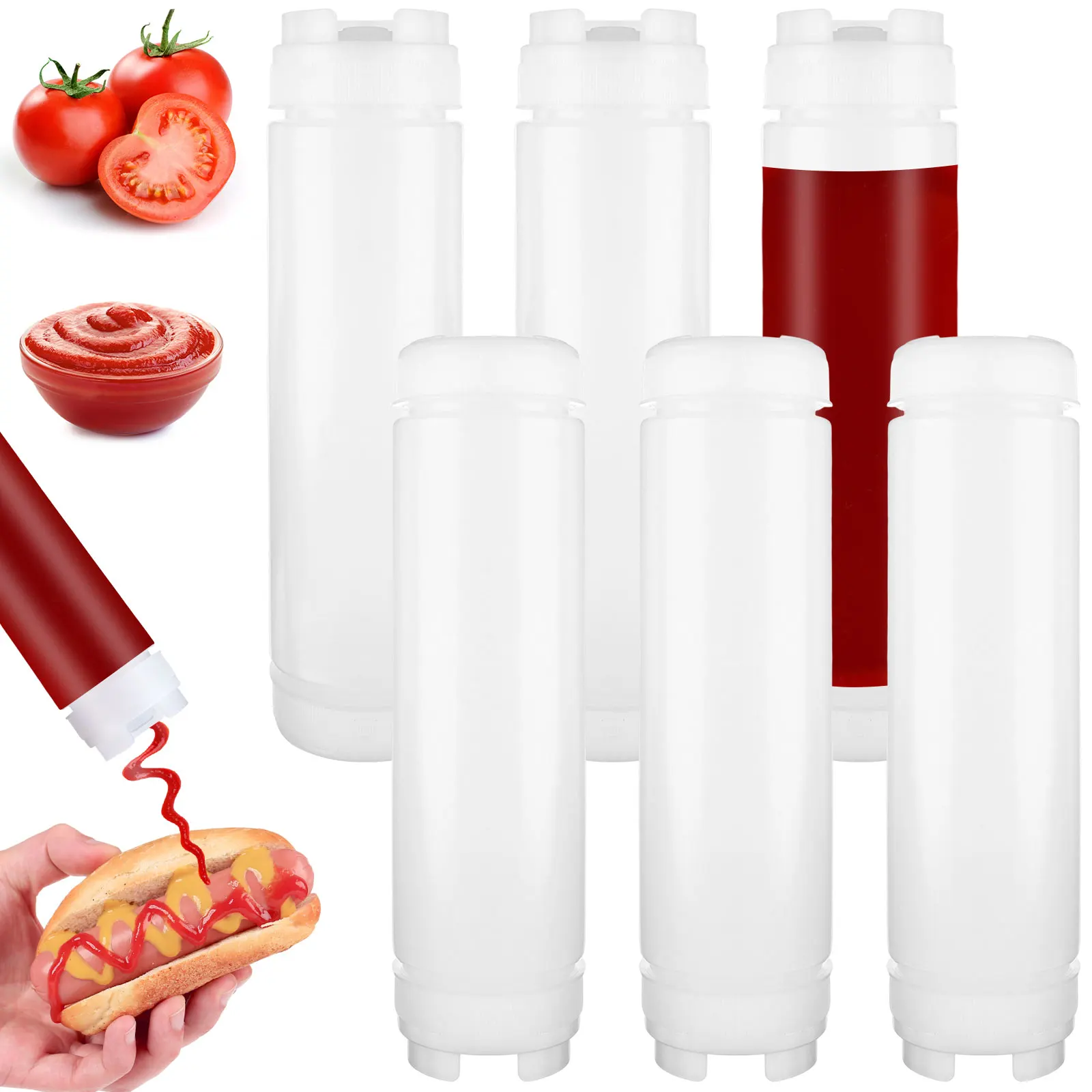 6 Pcs 16oz Inverted Plastic Squeeze Bottle with Refillable Dispensing Lids Condiment Squeeze Bottle for Sauces Ketchup Sour Crea