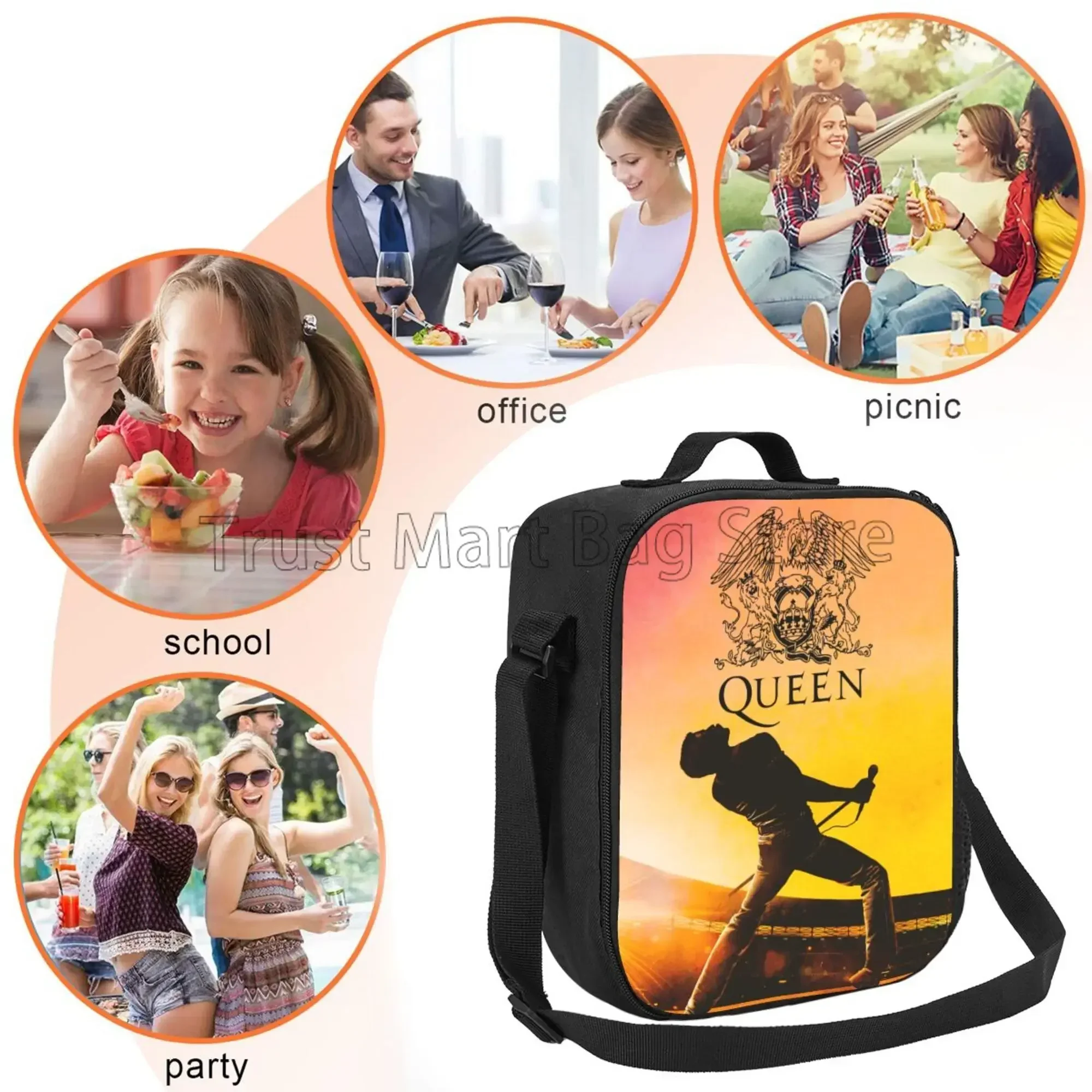 Freddie Mercury Queen Insulated Lunch Bag Reusable Thermal Tote with Adjustable Shoulder Strap for School Work Picnic