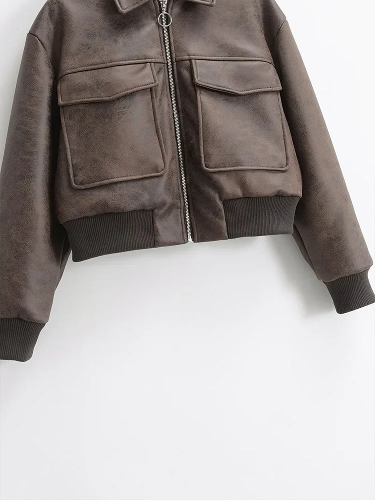 2025 Autumn and Winter New Lapel Pocket Decoration Loose Faux Leather Bomber Jacket Short Coat Women