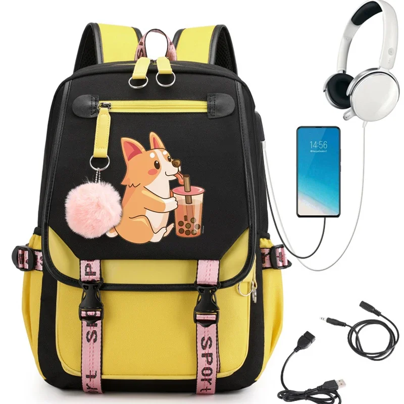 Mochila de dibujos animados de Anime para estudiantes universitarios, morral escolar para ordenador portátil para niñas, Corgi Boba, bolsa de libros de viaje Kawaii para niñas