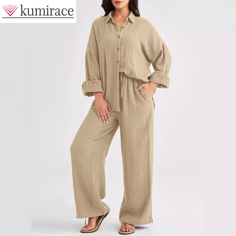 

Spot 2026 Cross Border Amazon New Fashion Set Loose Casual Top Wide Leg Pants Two Piece Set for Women New in Matching Sets