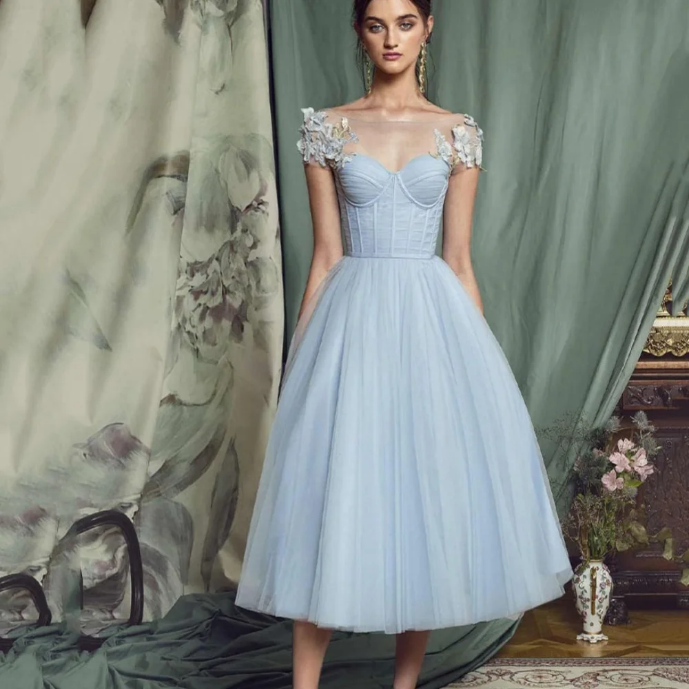 

Customized Prom Dresses Appliques A Line Evening Dress Tulle Boat Neck Party Gowns Short Sleeve Mid-calf Length Vestidos