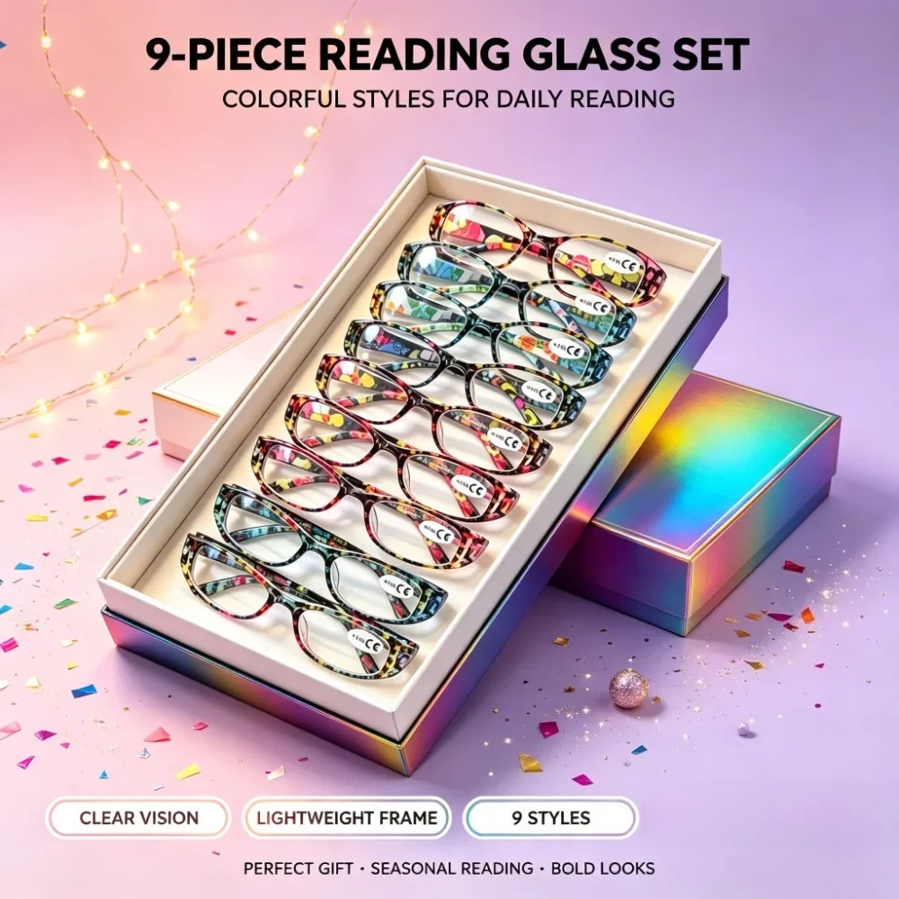 9 Pcs Reading Glasses Gift Set, Random Assorted Printed Frame Eyeglasses in Gift Box, Christmas Halloween Holiday Present, Stylish Daily Reading Eyewear for Men Women