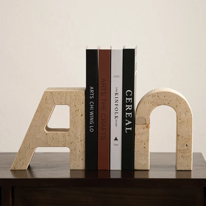 

Wabi Sabi Travertine Letter Bookends Minimalist Geometric Book Holder Mid-Century Home Decor Unique Model House Desk Organizer