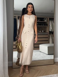 Vintage Knitted Sleeveless Long Dress Women Summer Solid Single Breatsted Elegant Bodycon Dresses Party Evening Office Lady Robe