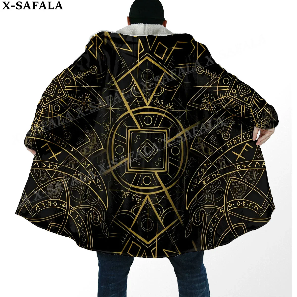 Norse Mythology Vegvisir Viking Symbol Thick Warm Hooded Cloak Men Overcoat Coat Windproof Fleece Cape Robe Hooded Blanket-8