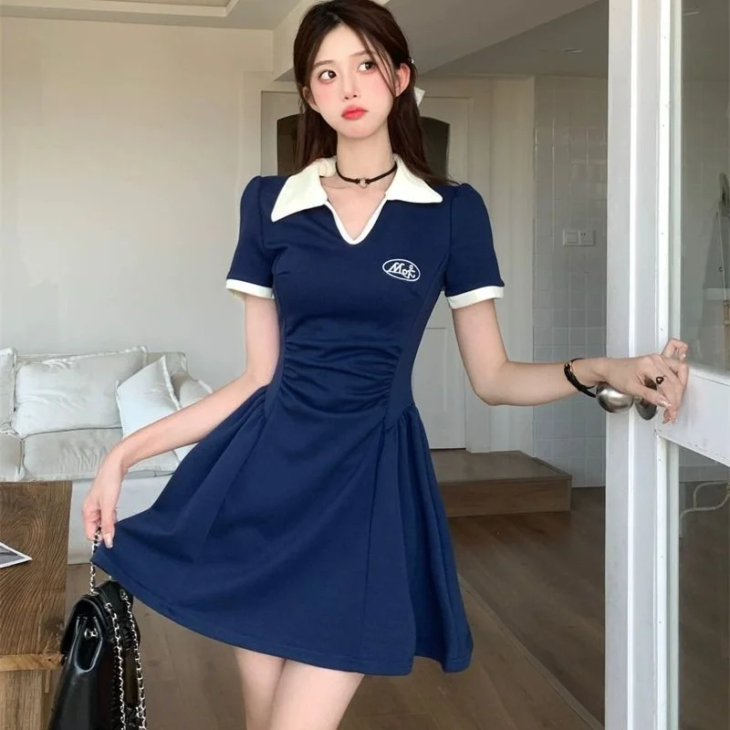 Sommer-Sonderangebot Damen Polokragen Dünnes Kleid Frauen Mode Gerafftes Patchwork-Kleid Mädchen Koreanisches Klassisches A-Linien-Kleid