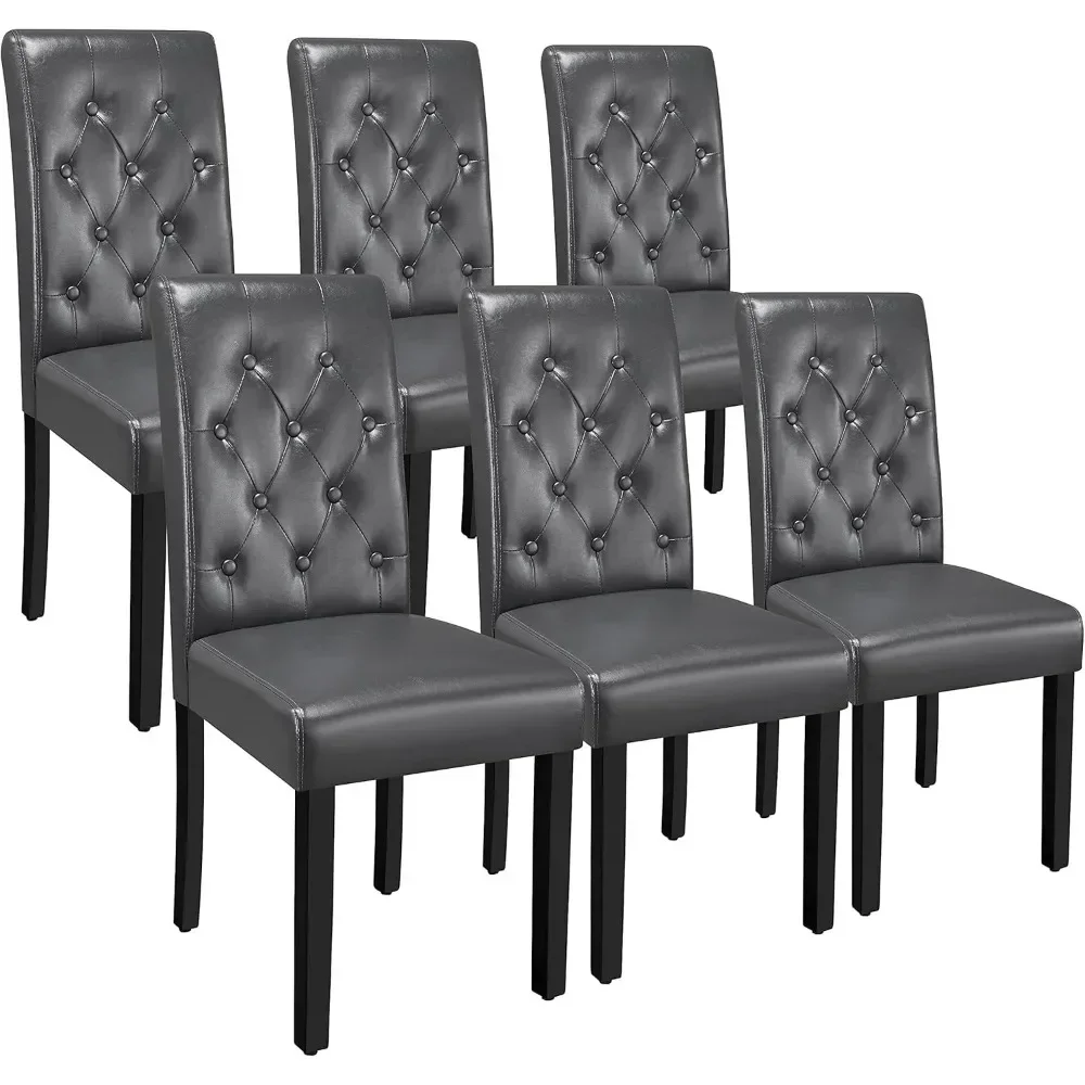 Set of 6, Button Tufted Dining Room Chairs with PU Leather Cushion Padded Dining Chairs Tall Back with Solid Wood Leg