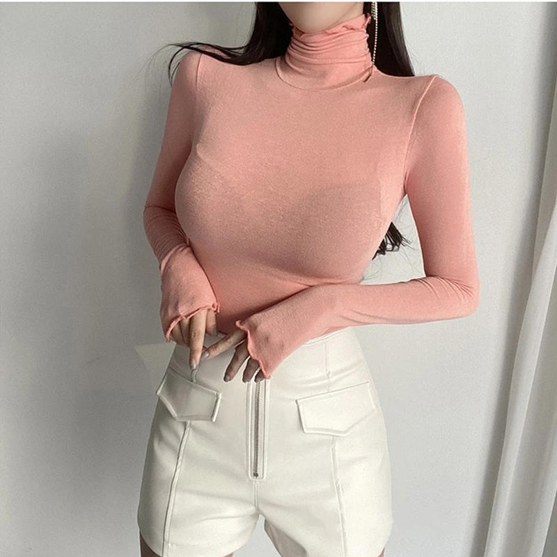 Comfortabel bodycon-T-shirt met hoge kraag, damesmode, elastisch, gemakkelijk te dragen, houtkleurig, Koreaans, lange mouwen, katoenen T-shirt